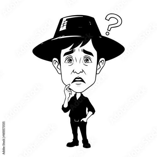 A cartoon man wearing a hat looks confused with a question mark above his head while holding his chin.