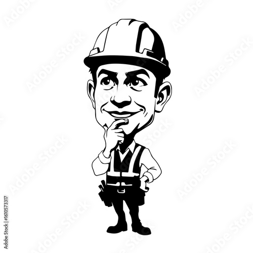 Cartoon construction worker wearing a hard hat, harness, and tool belt, thoughtfully touching his chin.