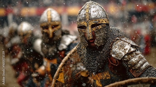 Medieval knights in chainmail armor ready for battle under a rainy sky