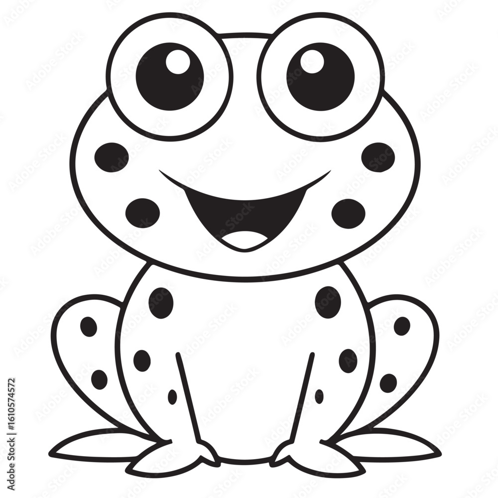 Obraz premium Happy Green Cartoon Frog Sitting with Big Eyes and Spots on White Background