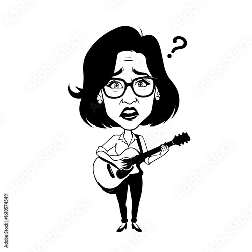 A perplexed woman with glasses plays an acoustic guitar, a caricature style illustration.