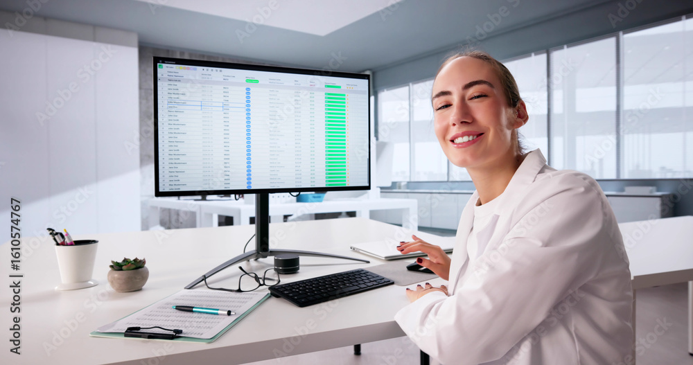 Fototapeta premium Female Healthcare Analyst Utilizing Hospital Invoice Coding Spreadsheet Online