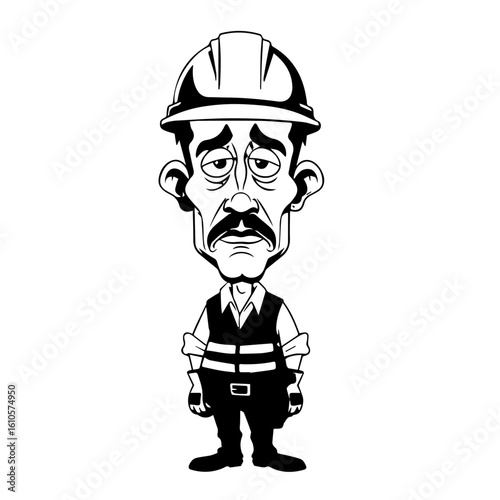 A cartoon depiction of a tired construction worker, expressing weariness.