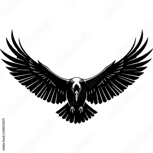 Powerful black bird in flight, wings spread, majestic dark raven or crow vector illustration in classic woodcut style.