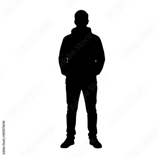 Silhouette of a man standing with his hands in his pockets, wearing a hoodie and jeans.