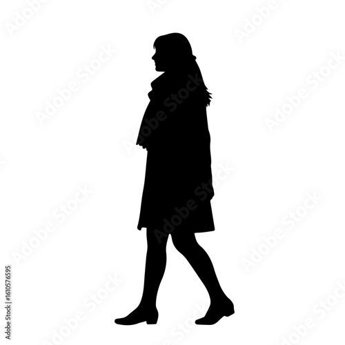 Silhouette of a woman walking, profile view, wearing a coat and scarf.
