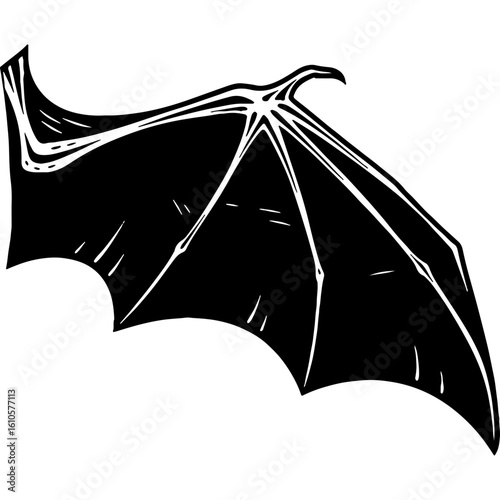 Woodcut style bat wing illustration. Dark fantasy element for Halloween designs, gothic creature art, or nocturnal animal concepts.