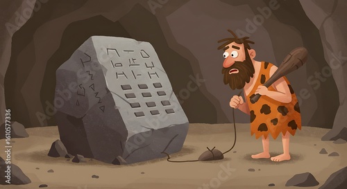 A confused prehistoric man discovers the first stone age caveman computer, complete with a real mouse and primitive keyboard.