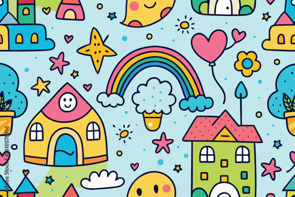 Naklejka premium Colorful Kawaii Pattern Background with Rainbow, Stars, Houses, and Cute Characters