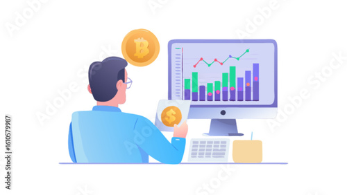 Person analyzing financial charts on a computer with bitcoin and dollar coin illustrations present too