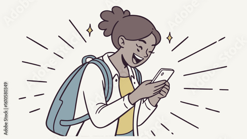 Illustration of a happy woman looking at a smartphone with a backpack and radiating light effects around her