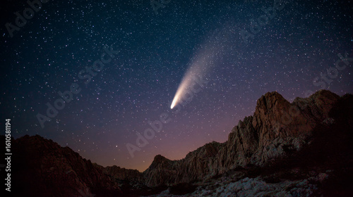 Comet viewing event night sky astrophotography mountain range wide angle celestial wonders
