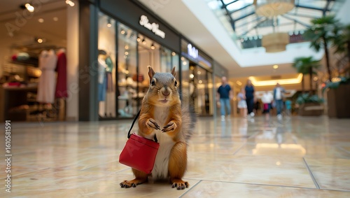 Squirrel with Red Purse Shopping in Mall Funny Animal Fashion Concept