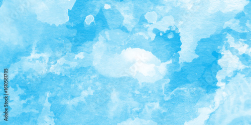 Abstract blue watercolor splash stroke aquarelle paint paper textured, Soft pastels mixed blue and white colors, soft paper textured canvas element for text design.
