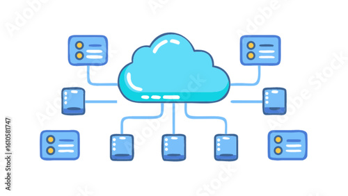 Illustration of a light blue cloud connected to various devices and data storage units in a network