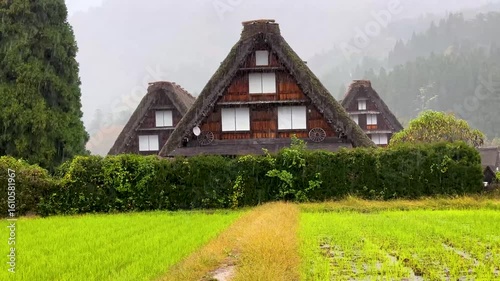 Rainy Day at Traditional Gassho-Zukuri House in Shirakawa Village, Japan