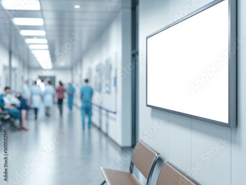 Empty display in busy hospital hallway