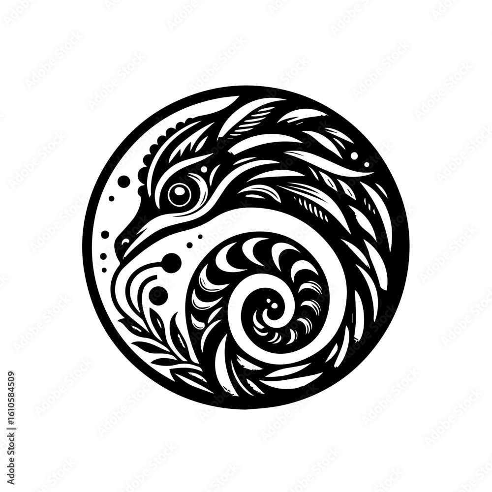 Intricate black and white bird design in a circular frame Intricate black and white bird design in a circular frame