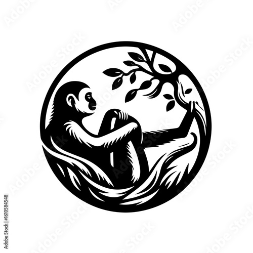A contemplative ape sits in a circle with a tree branch