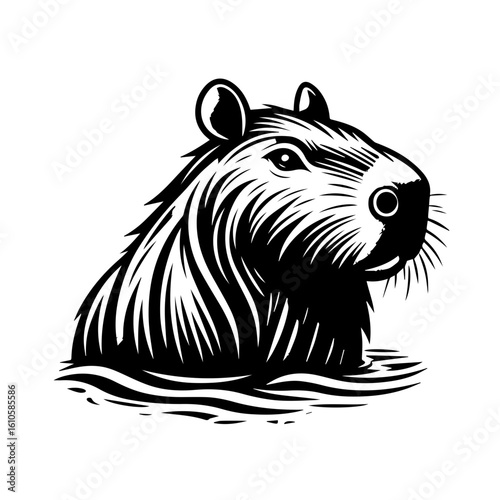 A capybara emerges from the water with a determined expression