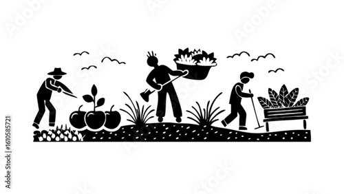 Illustration of farmers working in a field with plants, fruits, and a wheelbarrow in black and white
