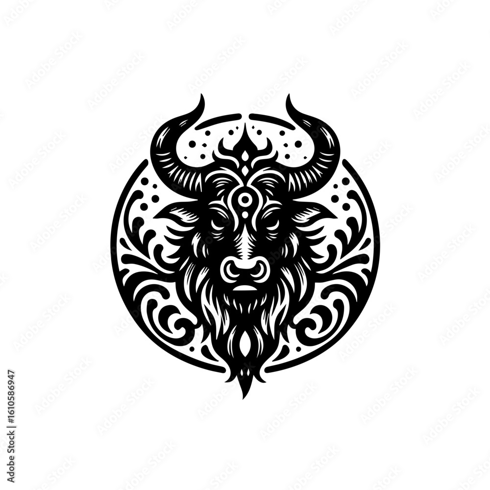 Fierce bull head with ornate horns and tribal design Fierce bull head with ornate horns and tribal design