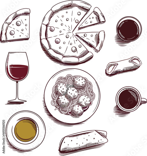Hand-drawn set of Italian Mediterranean food icons with pizza, pasta, wine, and coffee