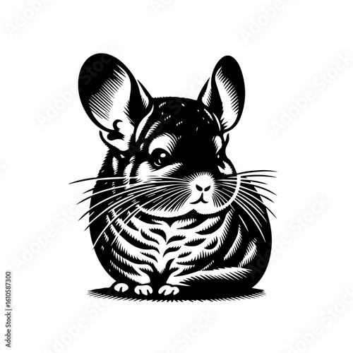 A cute chinchilla sits attentively on a white background