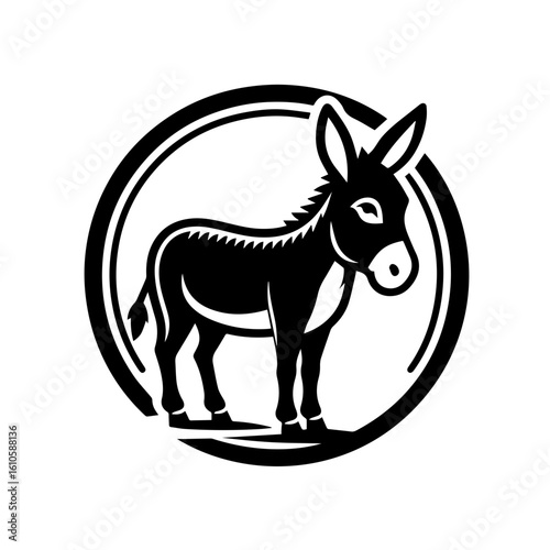 A stylized black donkey silhouette in a circle