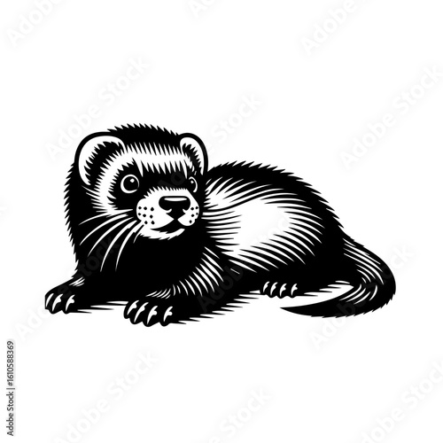 A black and white illustration of a ferret lying down