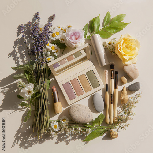 Wallpaper Mural Vista superior de maquillaje orgánico y productos de belleza femenina con tonos tierra Torontodigital.ca