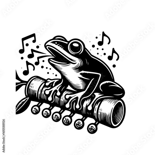 A frog sings a song while sitting on a flute