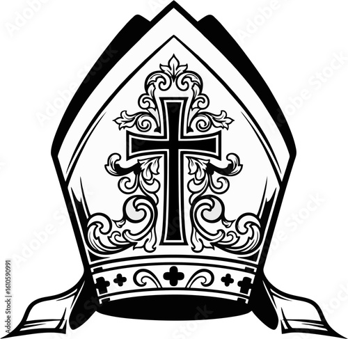 Black and White Ornate Pope Mitre Illustration with Cross and Decorative Floral Elements – Vector Line Art