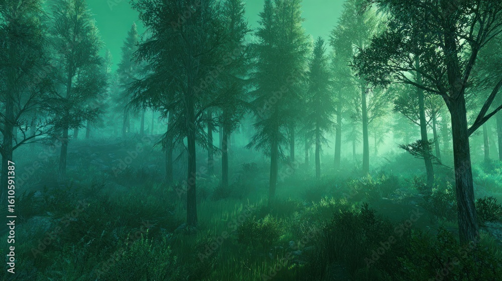 Obraz premium Misty green forest scene
