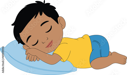 Adorable cartoon boy sleeping peacefully, wearing yellow shirt, resting on soft blue pillow, cute child nap illustration, bedtime vector art