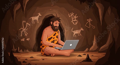A humorous illustration showing the evolution of communication with a caveman computer. A prehistoric man in a loincloth uses a modern laptop, juxtaposing ancient cave art with new technology.