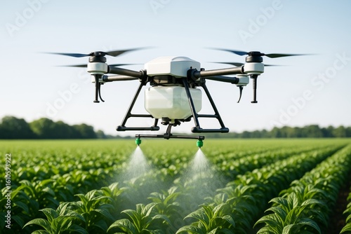 Agricultural drone spraying crops with precision technology in green field under clear light blue sky background for smart farming concept. Ai generative