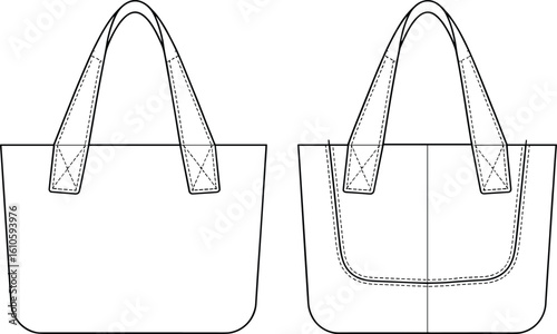 CAD drawing flat vector illustration of tote handbag design with handle detail, front and back view, technical fashion sketch