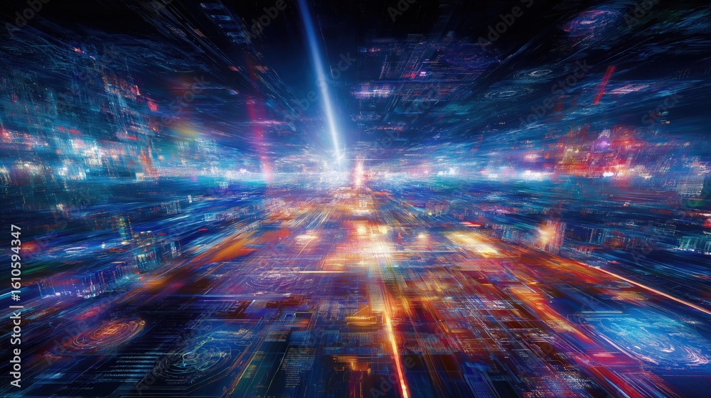 Obraz premium 光の線で構成された未来都市のデータネットワーク | Data network of a futuristic city composed of lines of light