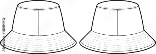 CAD flat vector illustration of bucket hat, wide brim sun hat design, technical sketch front and back view for fashion use