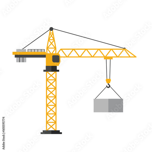A yellow tower crane lifts a heavy concrete block at a construction site, symbolizing industrial progress and heavy machinery.