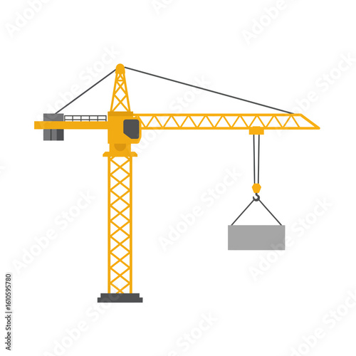 A vibrant yellow tower crane, a powerful piece of heavy machinery, is depicted lifting a large grey load in a clean vector illustration style.