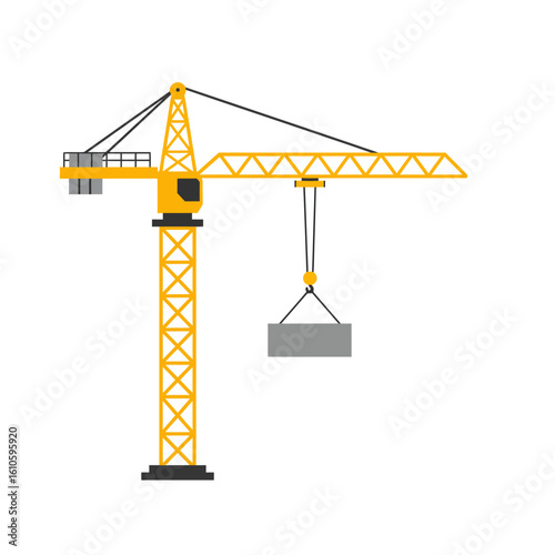 A yellow crane lifts a concrete block in a construction site, showcasing industrial equipment against a clean white background, perfect for illustrating progress.