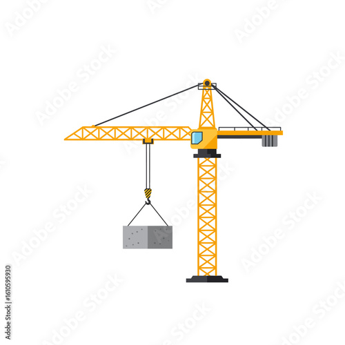 A vibrant yellow tower crane is depicted in a clean, isolated vector illustration, actively lifting a heavy concrete block for construction.