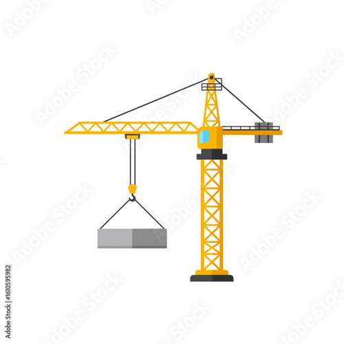 A yellow construction crane lifts a gray concrete block against a stark white background, illustrating the power and precision of heavy machinery in construction projects.