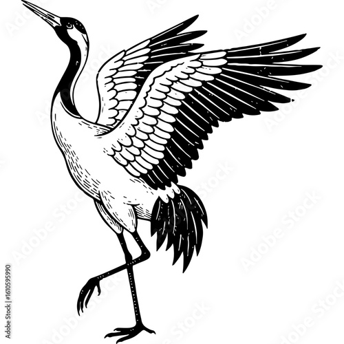 Elegant Crane with Spreading Wings in Rustic Woodcut Style Black and White Vector Illustration, Graceful Bird Art