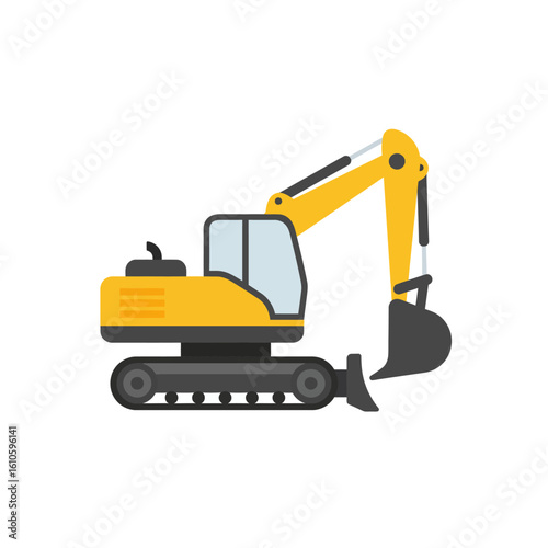 A bright, flat vector illustration depicts a yellow excavator with a black bucket, isolated on a white background, suitable for construction or transportation themes.