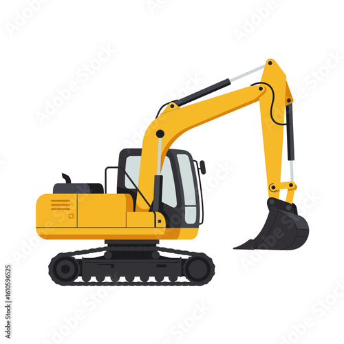 A vivid yellow excavator is depicted in a detailed vector illustration, showcasing its mechanical components against a clean white background, ideal for industrial use.