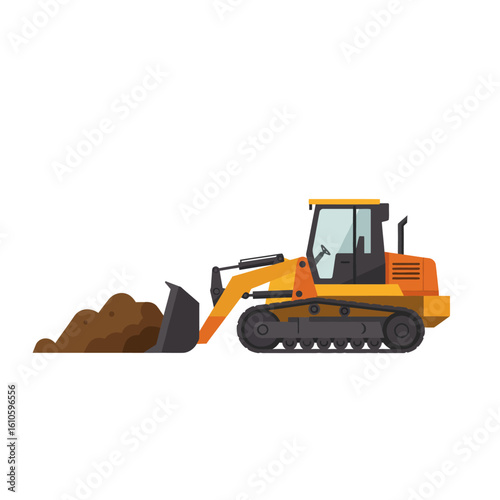 A bright yellow bulldozer with a large bucket is pushing a pile of dirt and soil on a white background.