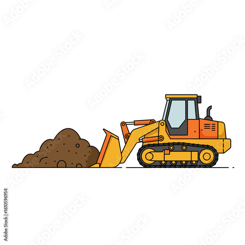 An illustrated yellow and orange front-end loader pushing a pile of dirt against a white background, representing construction and earthmoving.